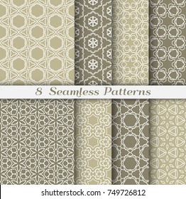 Set of 8 seamless patterns in arabian style. Monochrome fashion collection for textile fabric, paper print. Stylized floral geometric ornament. Vector repeating texture for banner, card or invitation