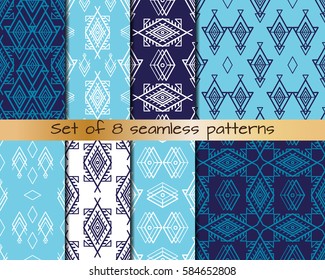Set of 8 seamless patterns in boho style.  Ethnic ornament. Tribal art print, background for fabric design, wallpaper, wrapping.