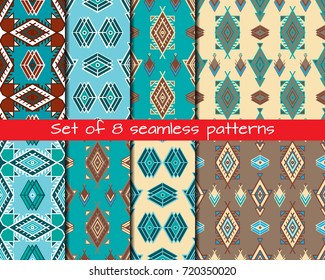 Set of 8 seamless patterns in boho style.  Ethnic ornament. Tribal art print, background for fabric design, wallpaper, wrapping.