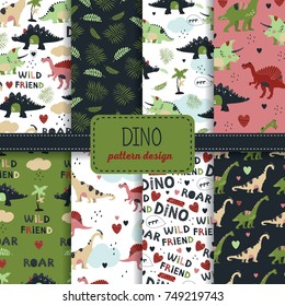 Set of 8 seamless patterns with cute dinosaurs for children textile , wallpaper , posters and other design