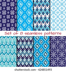 Set of 8 seamless patterns in ethnic style. Boho ornament. Tribal art print, background for fabric design, wallpaper, wrapping.