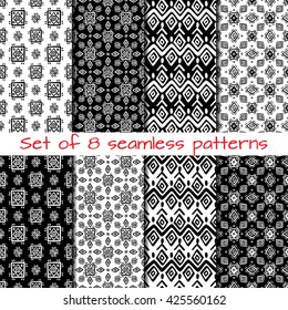 Set of 8 seamless patterns in ethnic style. Boho ornament. Tribal art print, background for fabric design, wallpaper, wrapping.
