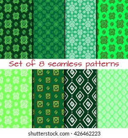 Set of 8 seamless patterns in ethnic style. Boho ornament. Tribal art print, background for fabric design, wallpaper, wrapping.