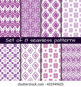 Set of 8 seamless patterns in ethnic style. Boho ornament. Tribal art print, background for fabric design, wallpaper, wrapping.