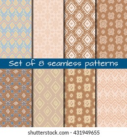 Set of 8 seamless patterns in ethnic style. Boho ornament. Tribal art print, background for fabric design, wallpaper, wrapping.