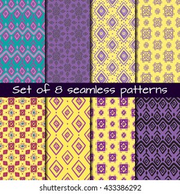 Set of 8 seamless patterns in ethnic style. Boho ornament. Tribal art print, background for fabric design, wallpaper, wrapping.