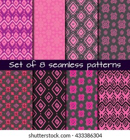 Set of 8 seamless patterns in ethnic style. Boho ornament. Tribal art print, background for fabric design, wallpaper, wrapping.