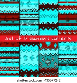 Set of 8 seamless patterns in ethnic style. Boho ornament. Tribal art print, background for fabric design, wallpaper, wrapping.