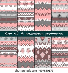 Set of 8 seamless patterns in ethnic style. Boho ornament. Tribal art print, background for fabric design, wallpaper, wrapping.