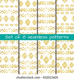 Set of 8 seamless patterns in ethnic style. Boho ornament. Tribal art print, background for fabric design, wallpaper, wrapping.