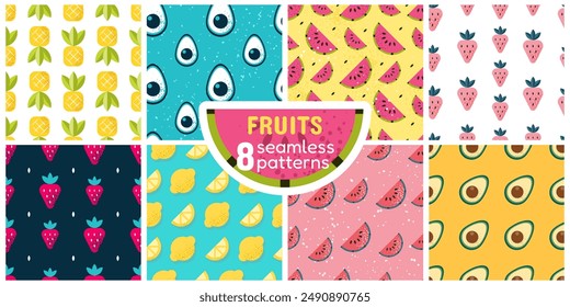 Set of 8 seamless patterns featuring geometric fruits in flat style. Modern abstract backgrounds for menu designs, wrapping paper, textile. Vector tiles with lemon, avocado, watermelon, strawberry.