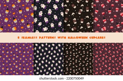 Set of 8 seamless patterns with Halloween cupcakes. Pumpkin, ghost, tombstone, brain. Vector