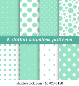 Set of 8 seamless patterns with mint and white polka dots