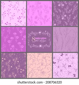  Set of 8 seamless patterns with various stylized flowers, leaves, butterflies and frame.