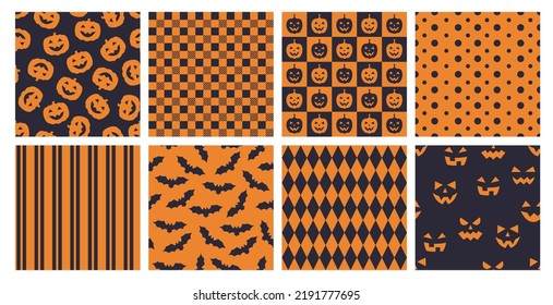 Set of 8 seamless patterns for wrapping paper, textile, cards, decoration, banners and other designs related to Halloween . Flat style vector illustration with pumpkins, bats and spooky faces