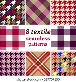 Set of 8 seamless purple textile patterns. Checkered, houndstooth, diagonal stripes. Backgrounds & textures shop.