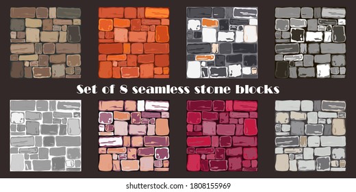 SET: 8 seamless stone blocks. Old wall. Vector illustration for web design or print.