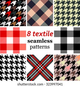 Set of 8 seamless textile patterns. Checkered, houndstooth, diagonal stripes. Backgrounds & textures shop.
