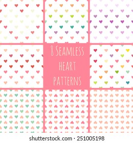 Set of 8 seamless vector heart patterns. Happy Valentine's Day background .