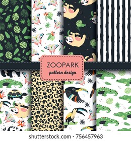 Set of 8 seamless ZOO pattern with exotic flora and fauna 