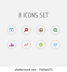 Set Of 8 Search Icons Set.Collection Of Columns, Dartboard, Resulting And Other Elements.