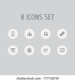 Set Of 8 Search Icons Set.Collection Of Columns, Design, Site And Other Elements.
