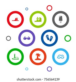 Set Of 8 Seaside Icons Set.Collection Of Surfing, Mask, Inflating And Other Elements.