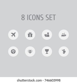 Set Of 8 Shipping Icons Set.Collection Of Deliveryman, Service, Aircraft And Other Elements.