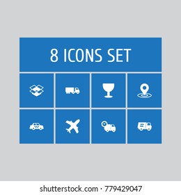 Set Of 8 Shipping Icons Set.Collection Of Parcel, Lorry, Cab And Other Elements.