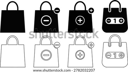 A set of 8 shopping bag icons in black and white with plus and minus symbols for adding or removing items