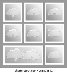 Set of 8 silver stickers with clouds: load, information transfer, man, information, setting,  cordless telecommunication