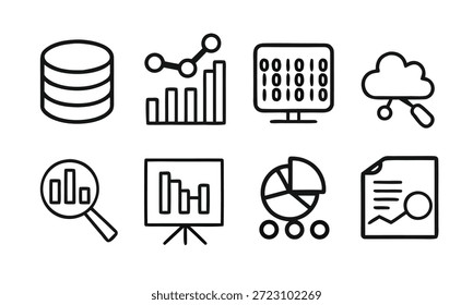 Ein Satz von 8 einfachen schwarz-weißen Linien-Symbolen, die verschiedene Datenanalysen und Geschäftskonzepte darstellen, einschließlich Grafiken, Diagrammen, Datenbanken und Codierung.