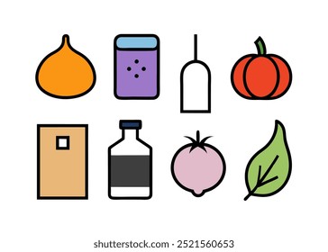 A set of 8 simple, colorful icons depicting various food items such as a fig, a jar of spices, a teabag, a pumpkin, a bag of flour, a bottle of oil, a tomato, and a leaf.