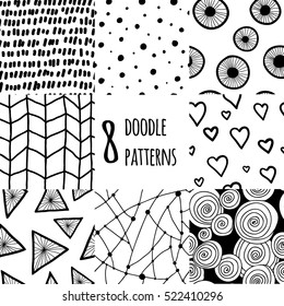 Set with 8 simple minimalistic seamless geometric pattern. Dots, doodles, lines, hearts. Black and white. Trendy creative abstract shapes. Hand drawn doodle texture for modern textile, fabric, paper