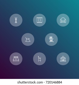 Set Of 8 Situation Outline Icons Set.Collection Of Sofa, Hanger, Bookshelf And Other Elements.