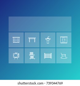 Set Of 8 Situation Outline Icons Set.Collection Of Drawer Unit, Tv Set, Washbasin And Other Elements.