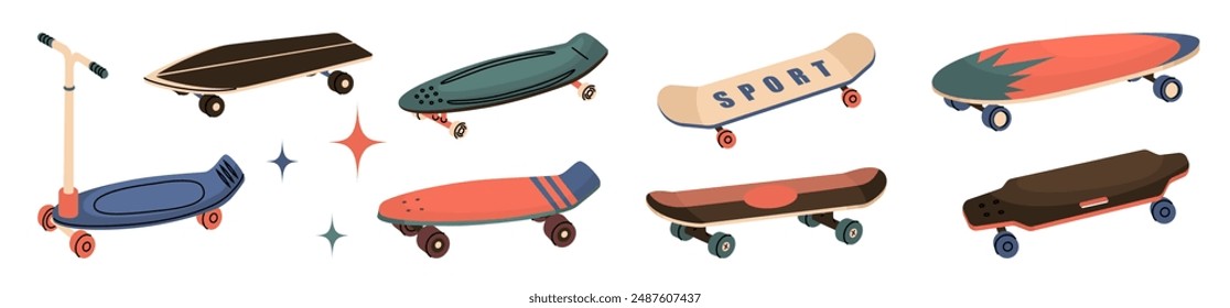 Set de 8 patinetas de diferentes Formas y estilos. Equipamiento deportivo para el Ocio extremo. Tablero para patinaje de velocidad y salto en rampa. Ilustración vectorial aislada sobre fondo transparente.