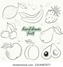 set of 8 sketching fruits in hand drawing style