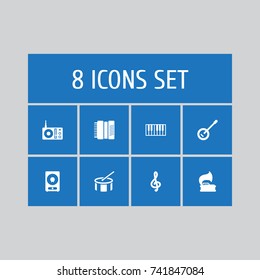 Set Of 8 Song Icons Set.Collection Of Banjo, Tambourine, Octave Keyboard And Other Elements.