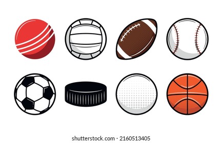 Set of 8 Sport balls icons. Cricket, Baseball, American Football, Soccer, Volleyball, Golf, Basketball, Hockey. Trendy logo design. Vector illustration.