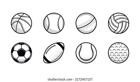 Set of 8 Sport vintage balls icons. Cricket, Baseball, American Football, Soccer, Volleyball, Golf, Basketball, Tennis. Trendy logo designs. Vector illustration.	