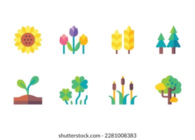 Set of 8 Spring Flat icons - Sunflower - Sprout , Cherry Tree , Clover Plant - Pine Tree , Reed Plant , Wheat - Tulip Flower