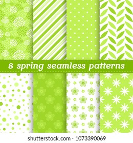 Set Of 8 Spring Seamless Patterns In Green And White Colors