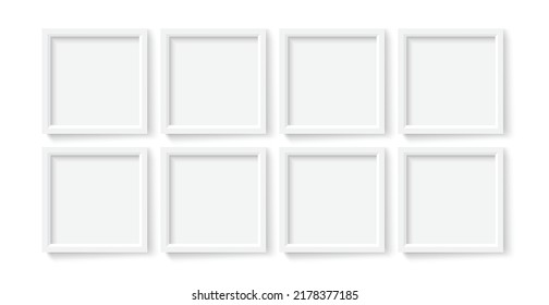 Set of 8 Square Frame Mockups. 1:1 Ratio White Frames Hanging on Wall. Blank Photo Frame Mockups. 12x12 Frames for Presentation. Adjustable Vector Illustration.  svg