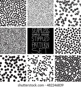 Set of 8 stipple pattern for design. Simple vector pattern set with dots, circles silhouettes. Monochromatic minimalistic geometric pattern with randomly located circles.