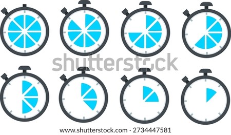 Set of 8 stopwatch timer icons with different time intervals for sports training and productivity countdown design