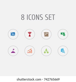 Set Of 8 Strategy Icons Set. Collection Of Goblet, Currency, Startup Building And Other Elements.