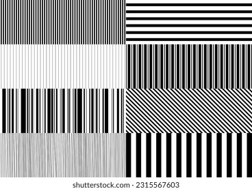 Set of 8 striped seamless patterns. Monochrome geometric background pattern. Vector illustration. White background.