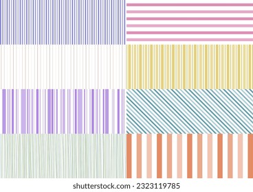 Set of 8 striped seamless patterns. Colorful geometric background pattern. Vector illustration. White background.