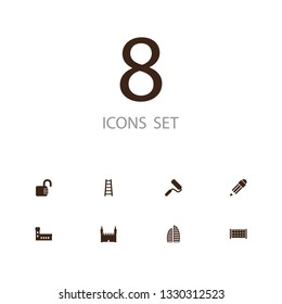 Set of 8 structure icons set. Collection of metropolis, paint roller, unlock and other elements.